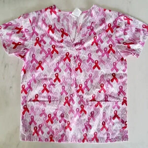 Just Love Scrub Top Women's Size Small Pink Breast Cancer Print V- Neck Shirt